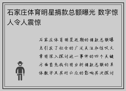 石家庄体育明星捐款总额曝光 数字惊人令人震惊